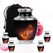 Rich Black Basketball Cremation Urn lifestyle display on memorial shelf - contemporary basketball design with modern artistic flair - memorial set with one large and four small urns