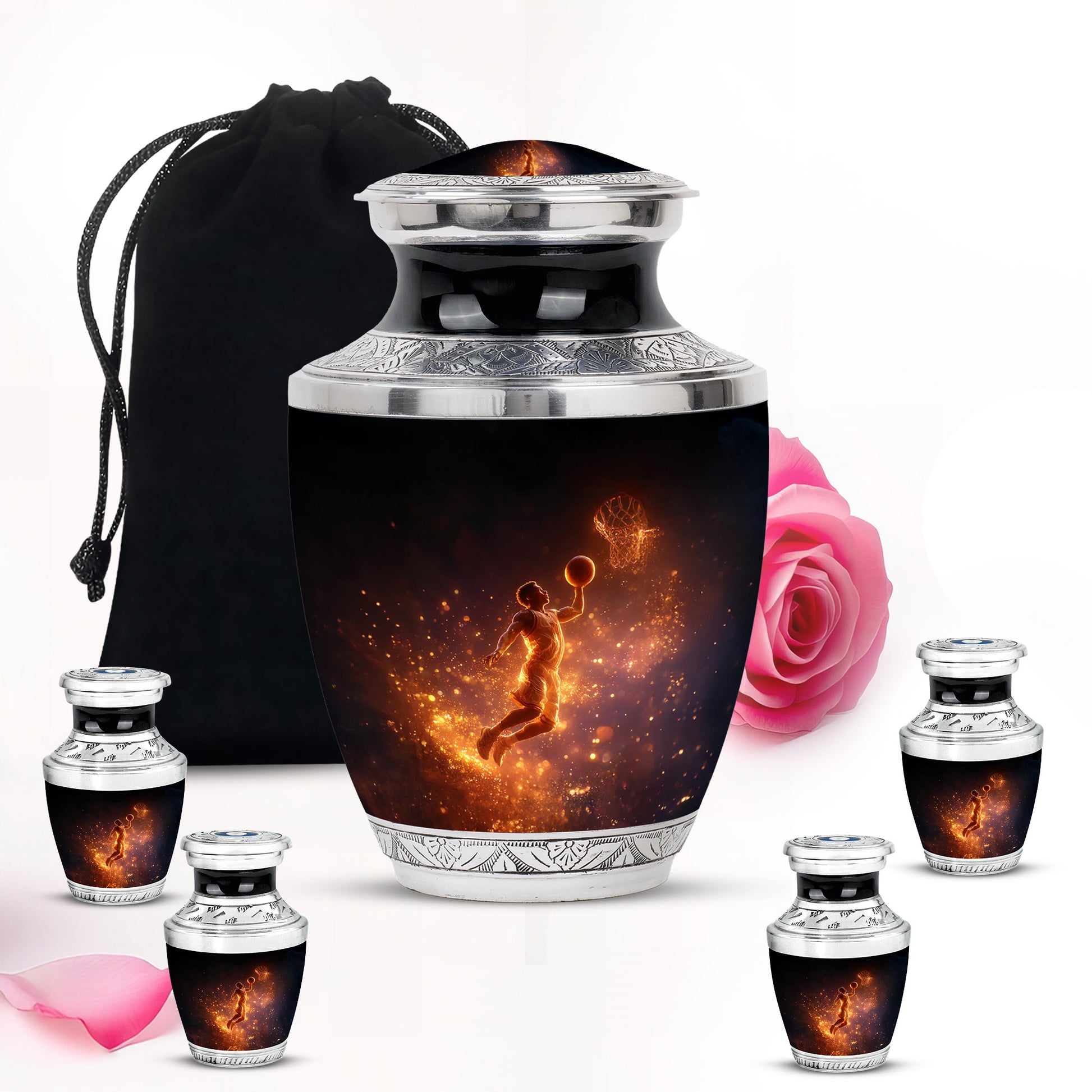Rich Black Basketball Cremation Urn lifestyle display on memorial shelf - contemporary basketball design with modern artistic flair - memorial set with one large and four small urns