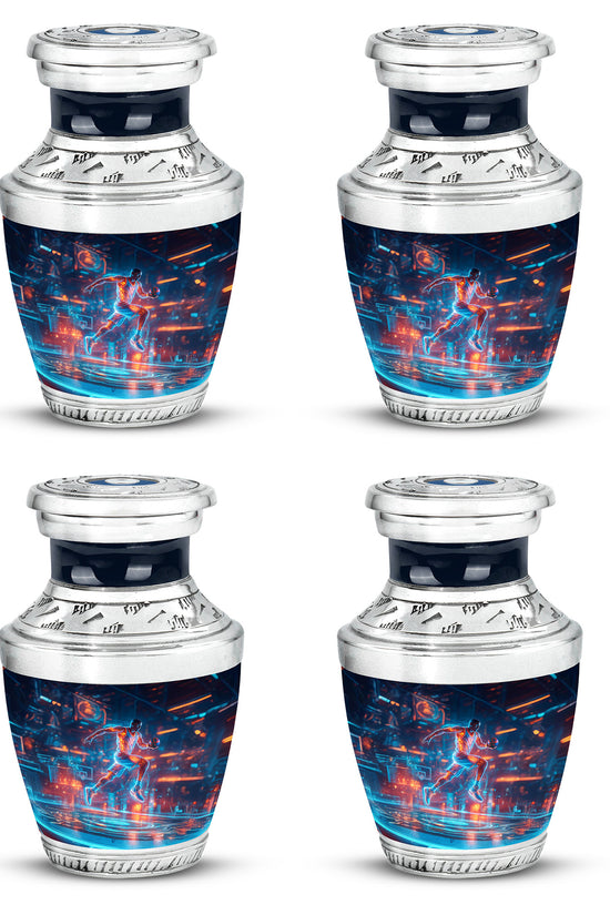 Sapphire Blue Basketball Cremation Urn back view with polished surface - stylized abstract basketball pattern with bold lines - 10 inch aluminum urn for cremated remains
