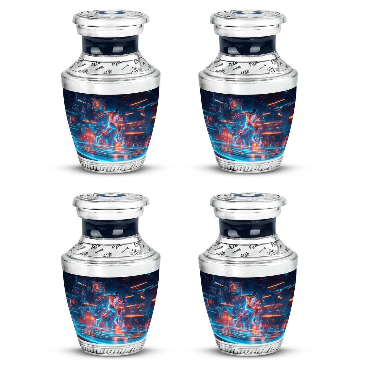Sapphire Blue Basketball Cremation Urn back view with polished surface - stylized abstract basketball pattern with bold lines - 10 inch aluminum urn for cremated remains