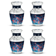 Sapphire Blue Basketball Cremation Urn back view with polished surface - stylized abstract basketball pattern with bold lines - 10 inch aluminum urn for cremated remains
