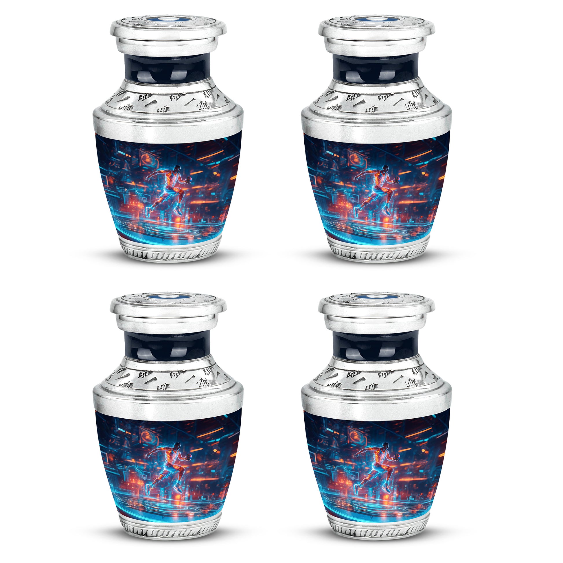 Sapphire Blue Basketball Cremation Urn back view with polished surface - stylized abstract basketball pattern with bold lines - 10 inch aluminum urn for cremated remains