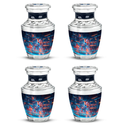 Sapphire Blue Basketball Cremation Urn back view with polished surface - stylized abstract basketball pattern with bold lines - 10 inch aluminum urn for cremated remains