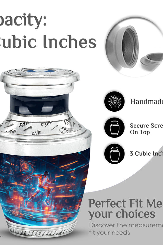 Powder Blue Basketball Cremation Urn top-down view of secure threaded lid - modern art-inspired basketball motif on sleek aluminum - mini keepsake memorial for portion of cremation ashes