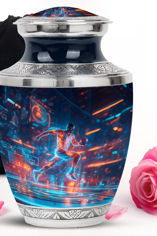 Royal Blue Basketball Cremation Urn side profile showing urn shape - artistic basketball interpretation with creative detail - full-size 10 inch 200 cubic inch adult cremation urn