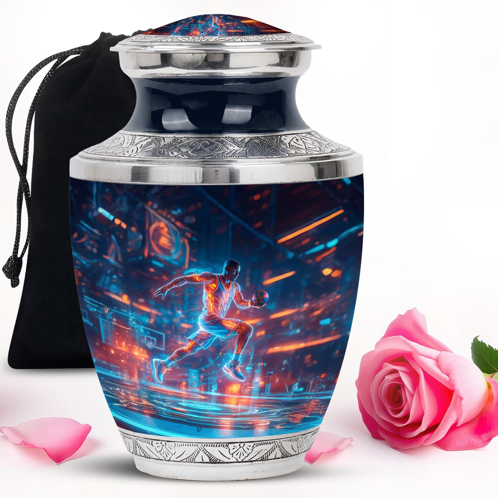 Royal Blue Basketball Cremation Urn side profile showing urn shape - artistic basketball interpretation with creative detail - full-size 10 inch 200 cubic inch adult cremation urn