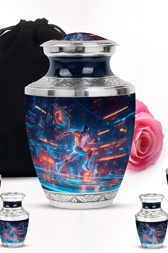 Soft Blue Basketball Cremation Urn lifestyle display on memorial shelf - artistic basketball interpretation with creative detail - memorial set with one large and four small urns