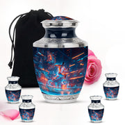 Soft Blue Basketball Cremation Urn lifestyle display on memorial shelf - artistic basketball interpretation with creative detail - memorial set with one large and four small urns