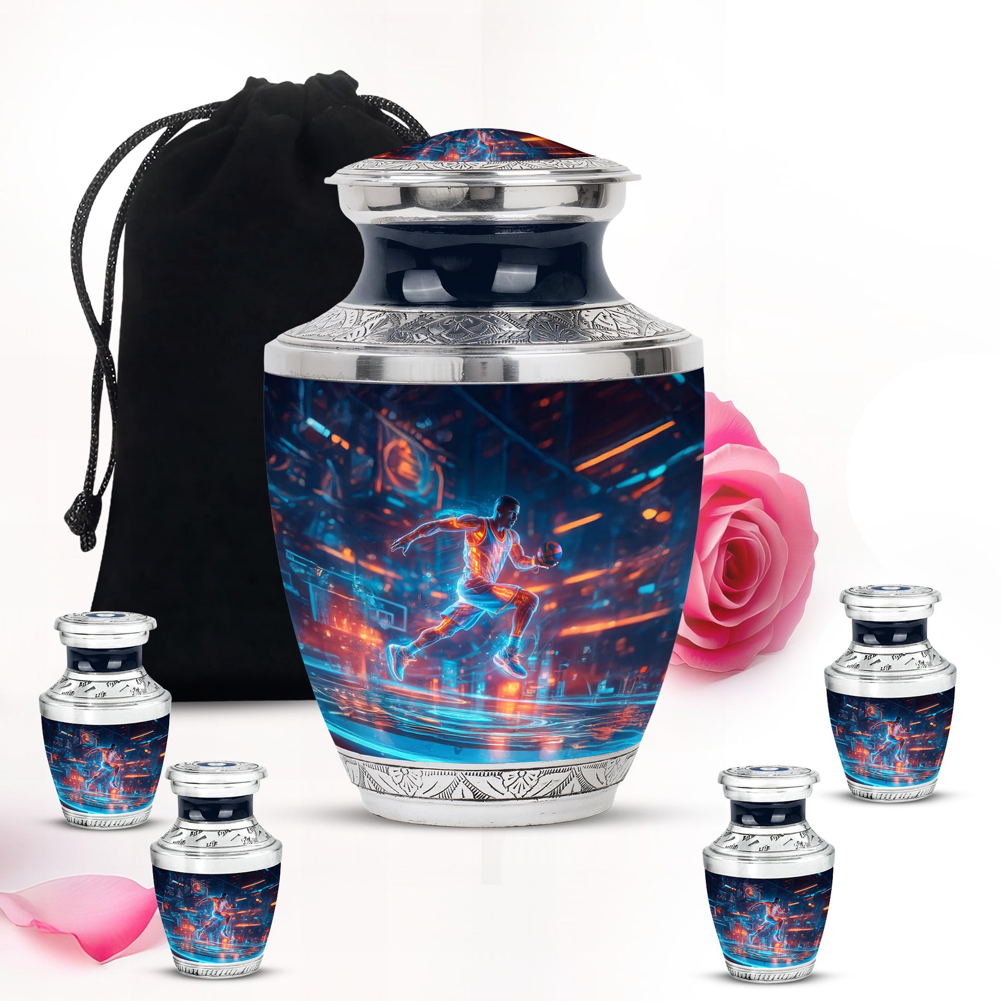 Soft Blue Basketball Cremation Urn lifestyle display on memorial shelf - artistic basketball interpretation with creative detail - memorial set with one large and four small urns