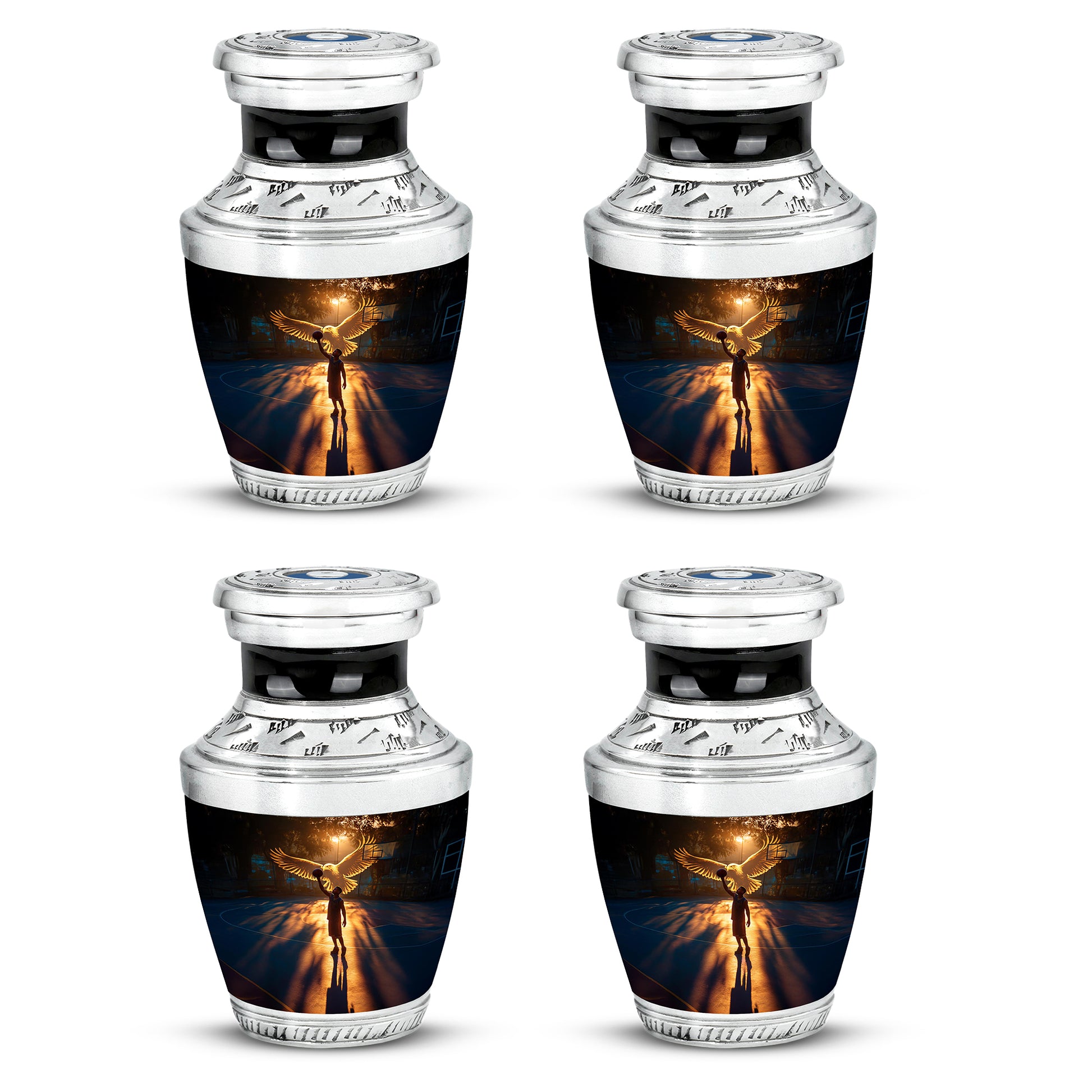Ebony Basketball Cremation Urn back view with polished surface - contemporary basketball design with modern artistic flair - 10 inch aluminum urn for cremated remains