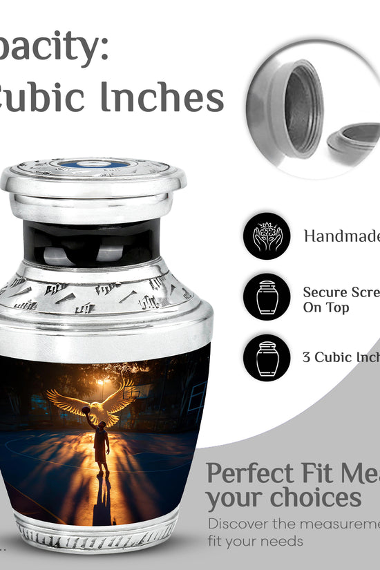 Midnight Black Basketball Cremation Urn top-down view of secure threaded lid - stylized abstract basketball pattern with bold lines - mini keepsake memorial for portion of cremation ashes