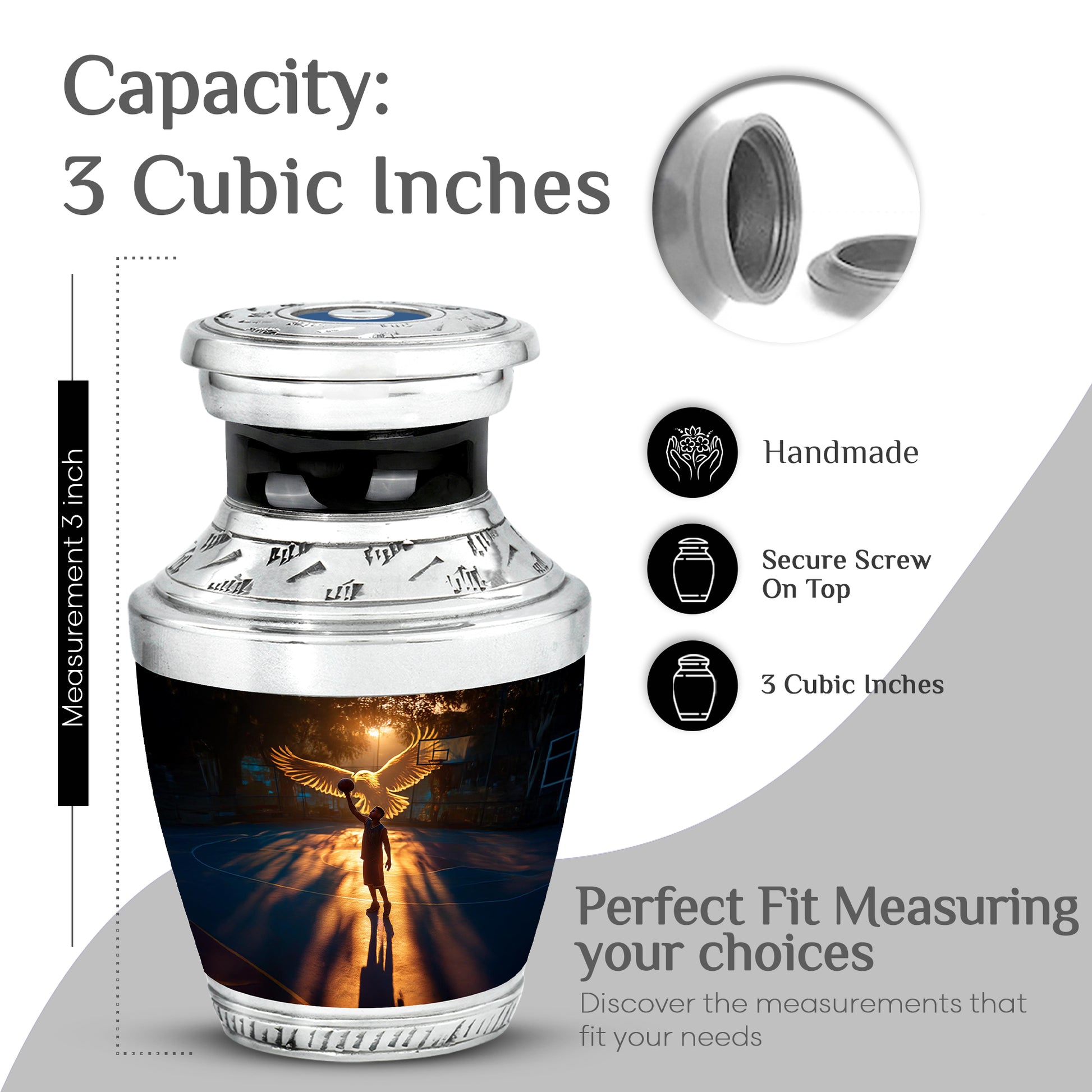 Midnight Black Basketball Cremation Urn top-down view of secure threaded lid - stylized abstract basketball pattern with bold lines - mini keepsake memorial for portion of cremation ashes