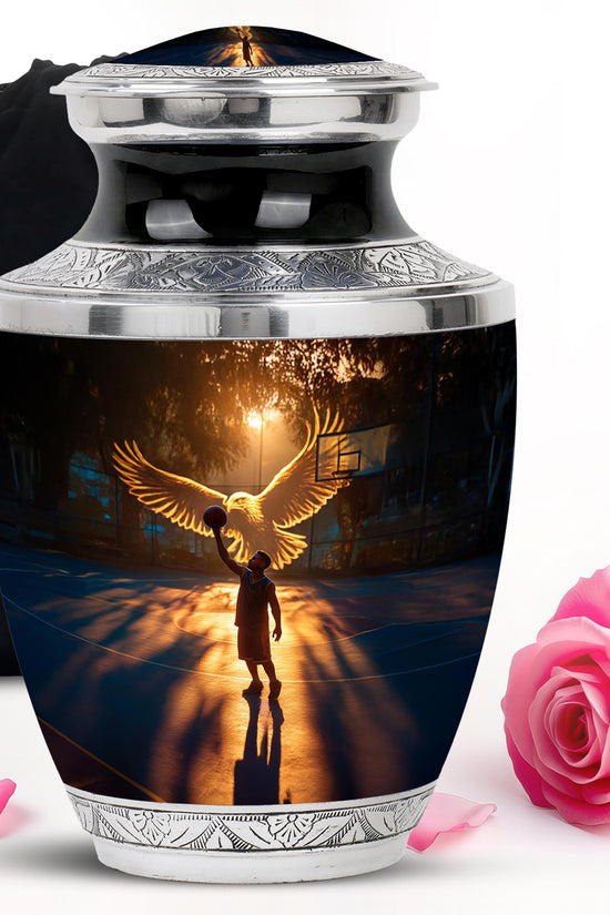 Jet Black Basketball Cremation Urn side profile showing urn shape - contemporary basketball design with modern artistic flair - full-size 10 inch 200 cubic inch adult cremation urn