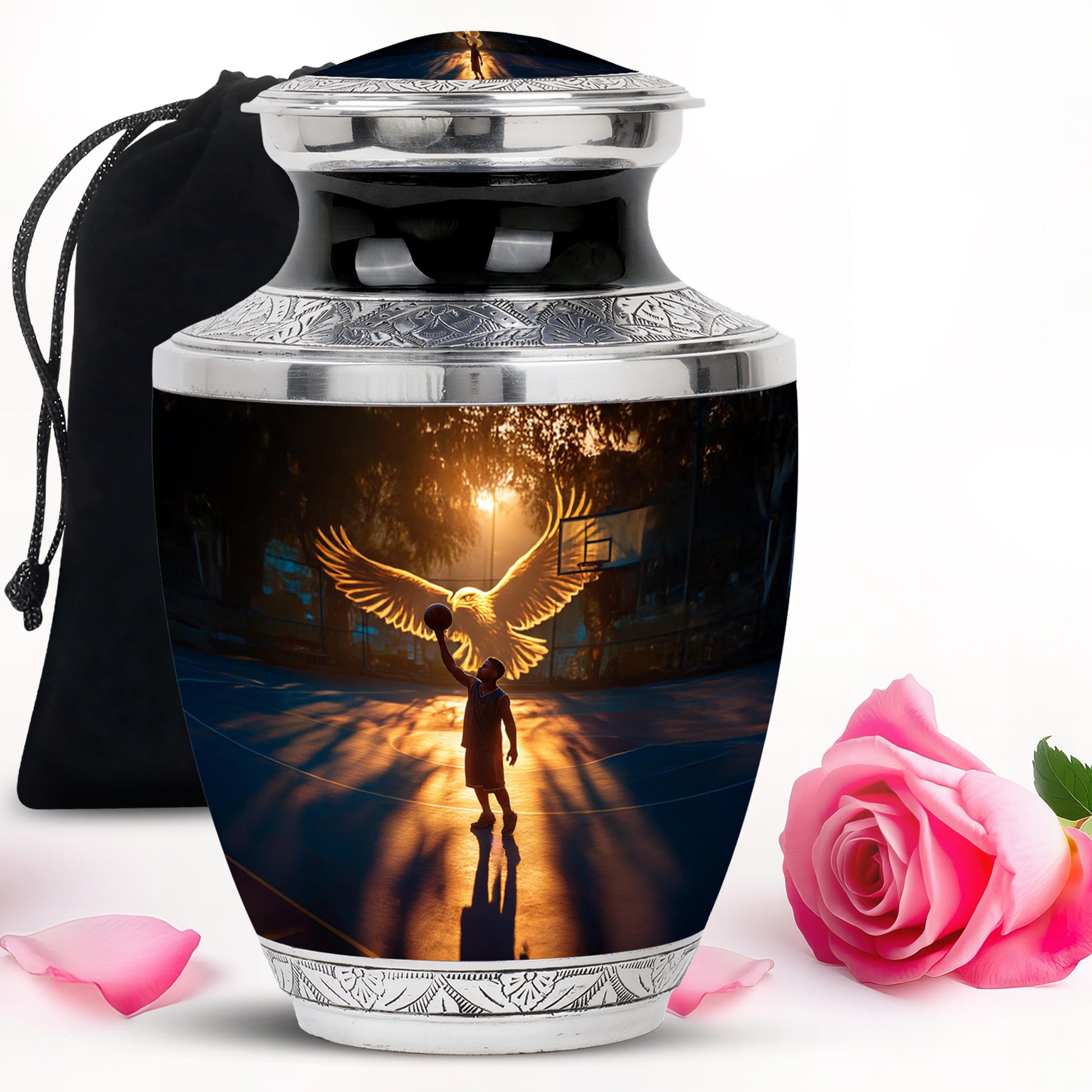 Jet Black Basketball Cremation Urn side profile showing urn shape - contemporary basketball design with modern artistic flair - full-size 10 inch 200 cubic inch adult cremation urn