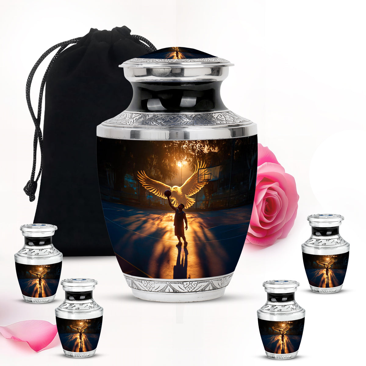 Ebony Basketball Cremation Urn lifestyle display on memorial shelf - modern art-inspired basketball motif on sleek aluminum - memorial set with one large and four small urns