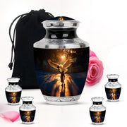 Ebony Basketball Cremation Urn lifestyle display on memorial shelf - modern art-inspired basketball motif on sleek aluminum - memorial set with one large and four small urns