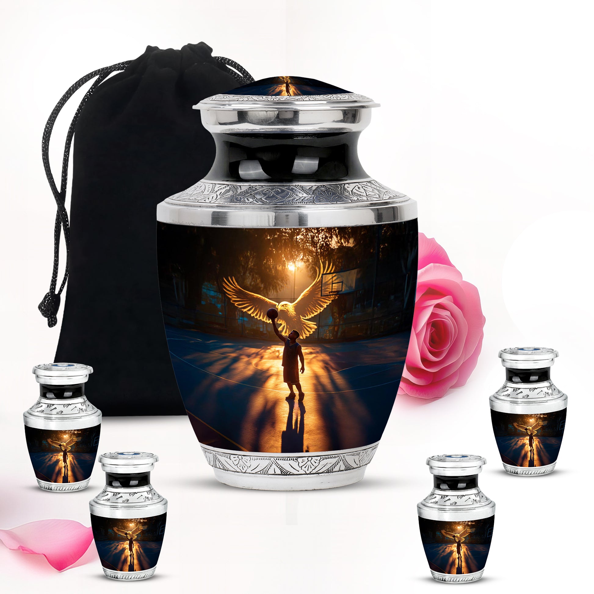 Ebony Basketball Cremation Urn lifestyle display on memorial shelf - modern art-inspired basketball motif on sleek aluminum - memorial set with one large and four small urns