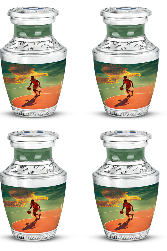 Deep Teal Basketball Cremation Urn back view with polished surface - artistic basketball interpretation with creative detail - 10 inch aluminum urn for cremated remains
