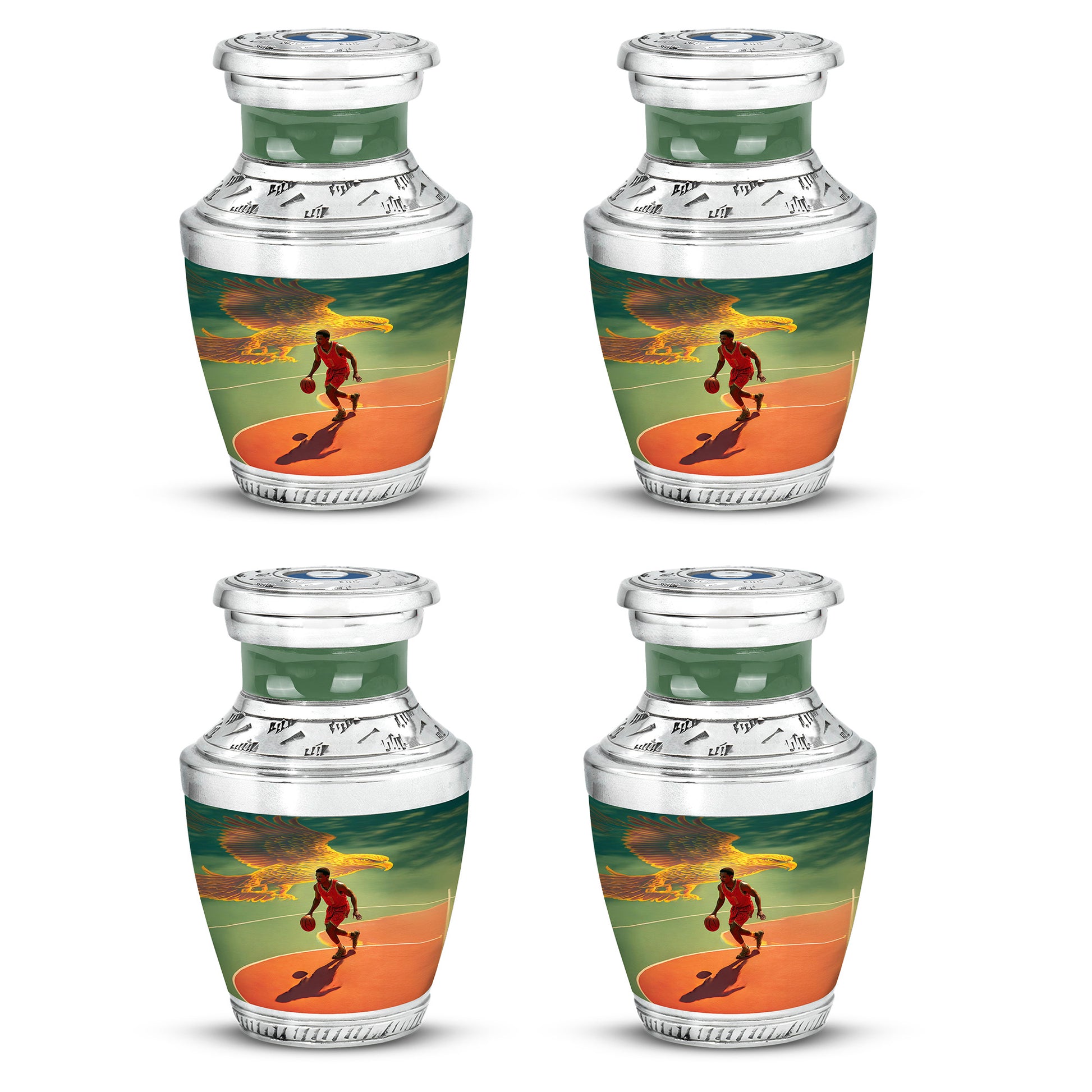 Deep Teal Basketball Cremation Urn back view with polished surface - artistic basketball interpretation with creative detail - 10 inch aluminum urn for cremated remains
