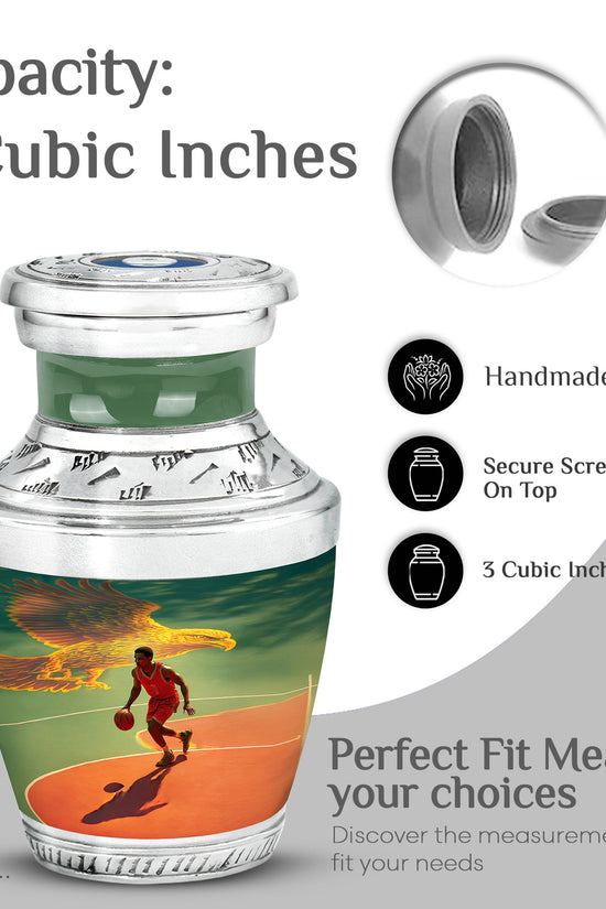 Deep Teal Basketball Cremation Urn top-down view of secure threaded lid - stylized abstract basketball pattern with bold lines - mini keepsake memorial for portion of cremation ashes