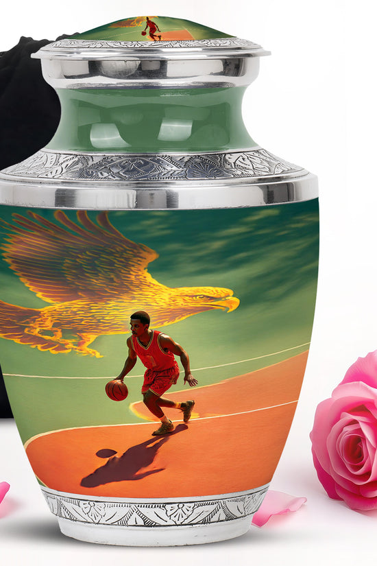Soft Teal Basketball Cremation Urn side profile showing urn shape - contemporary basketball design with modern artistic flair - full-size 10 inch 200 cubic inch adult cremation urn