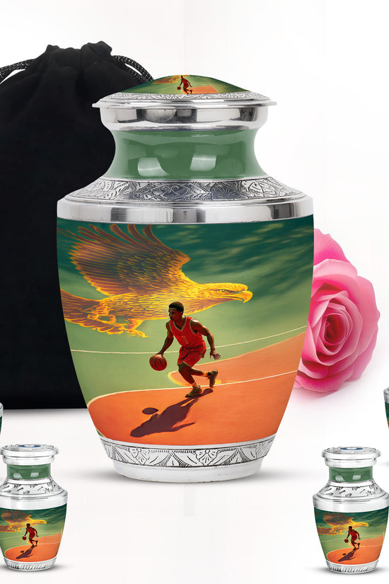 Ocean Teal Basketball Cremation Urn lifestyle display on memorial shelf - contemporary basketball design with modern artistic flair - memorial set with one large and four small urns