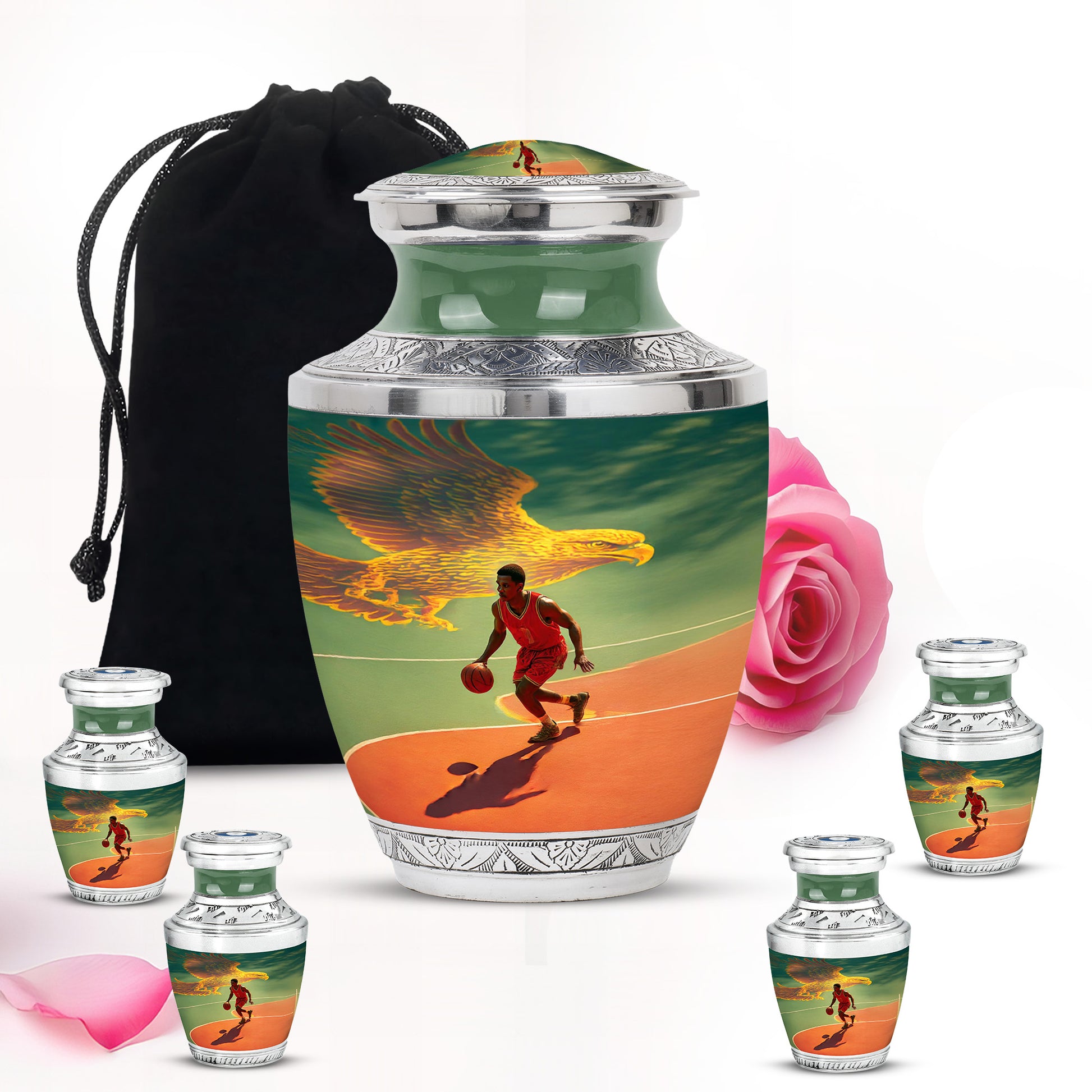 Ocean Teal Basketball Cremation Urn lifestyle display on memorial shelf - contemporary basketball design with modern artistic flair - memorial set with one large and four small urns