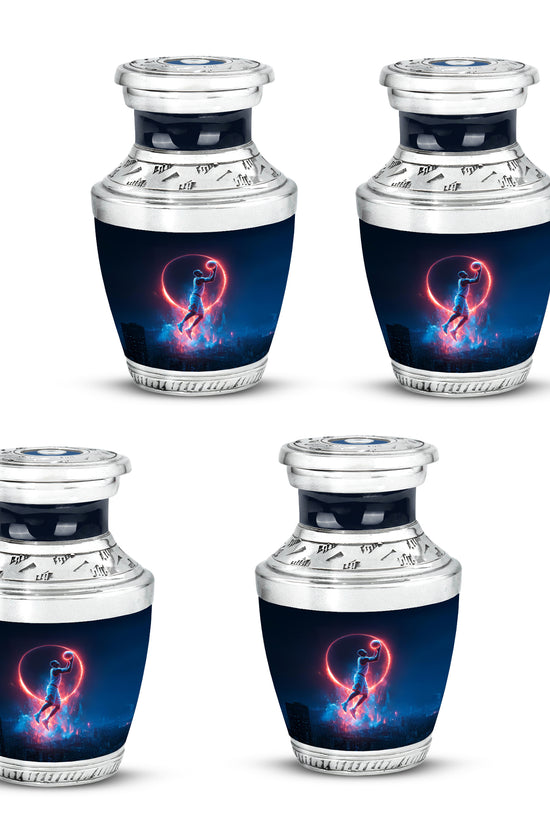 Celestial Blue Basketball Cremation Urn back view with polished surface - modern art-inspired basketball motif on sleek aluminum - 10 inch aluminum urn for cremated remains