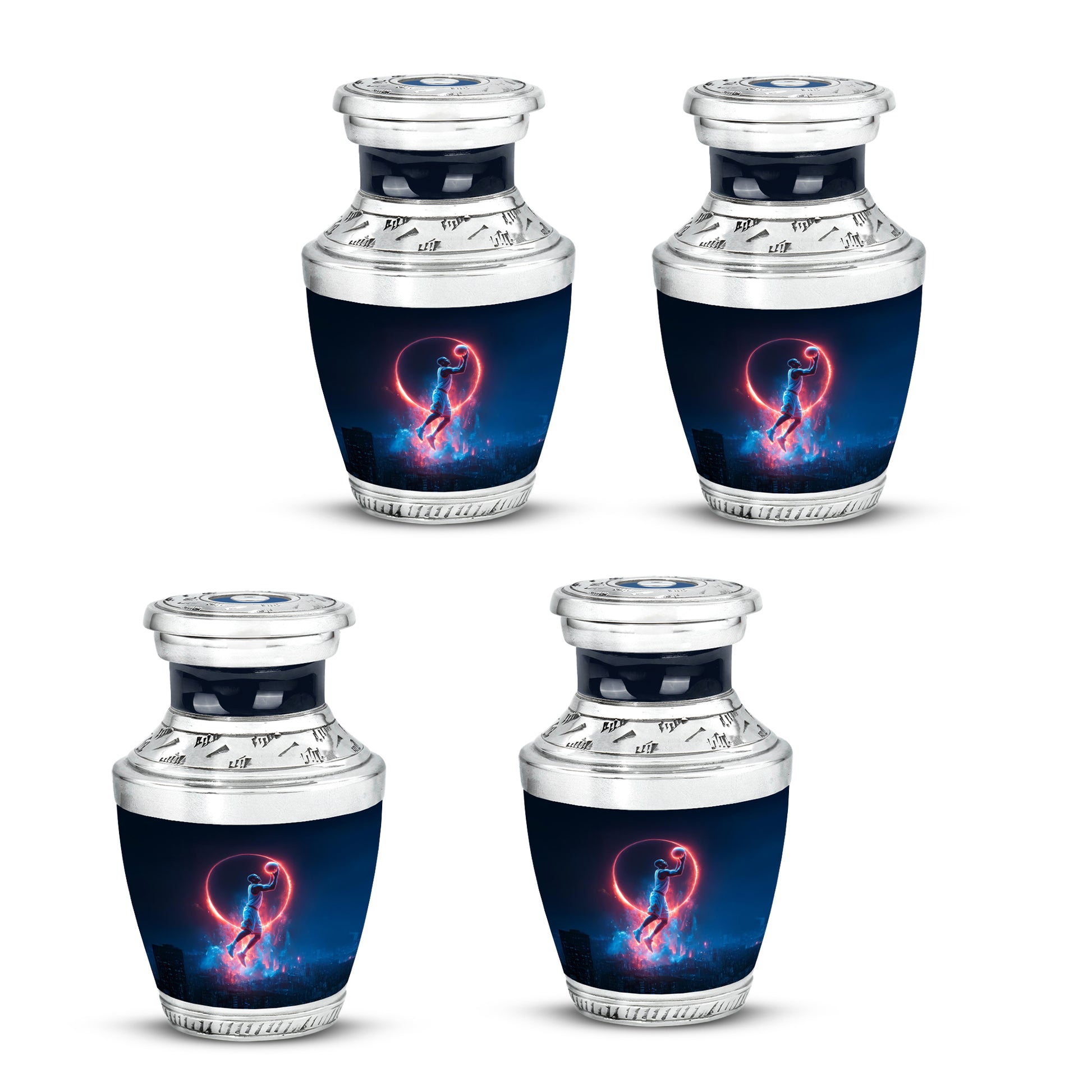 Celestial Blue Basketball Cremation Urn back view with polished surface - modern art-inspired basketball motif on sleek aluminum - 10 inch aluminum urn for cremated remains
