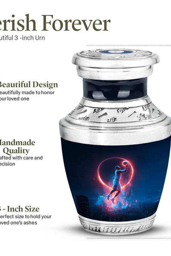 Dusty Blue Basketball Cremation Urn top-down view of secure threaded lid - modern art-inspired basketball motif on sleek aluminum - mini keepsake memorial for portion of cremation ashes