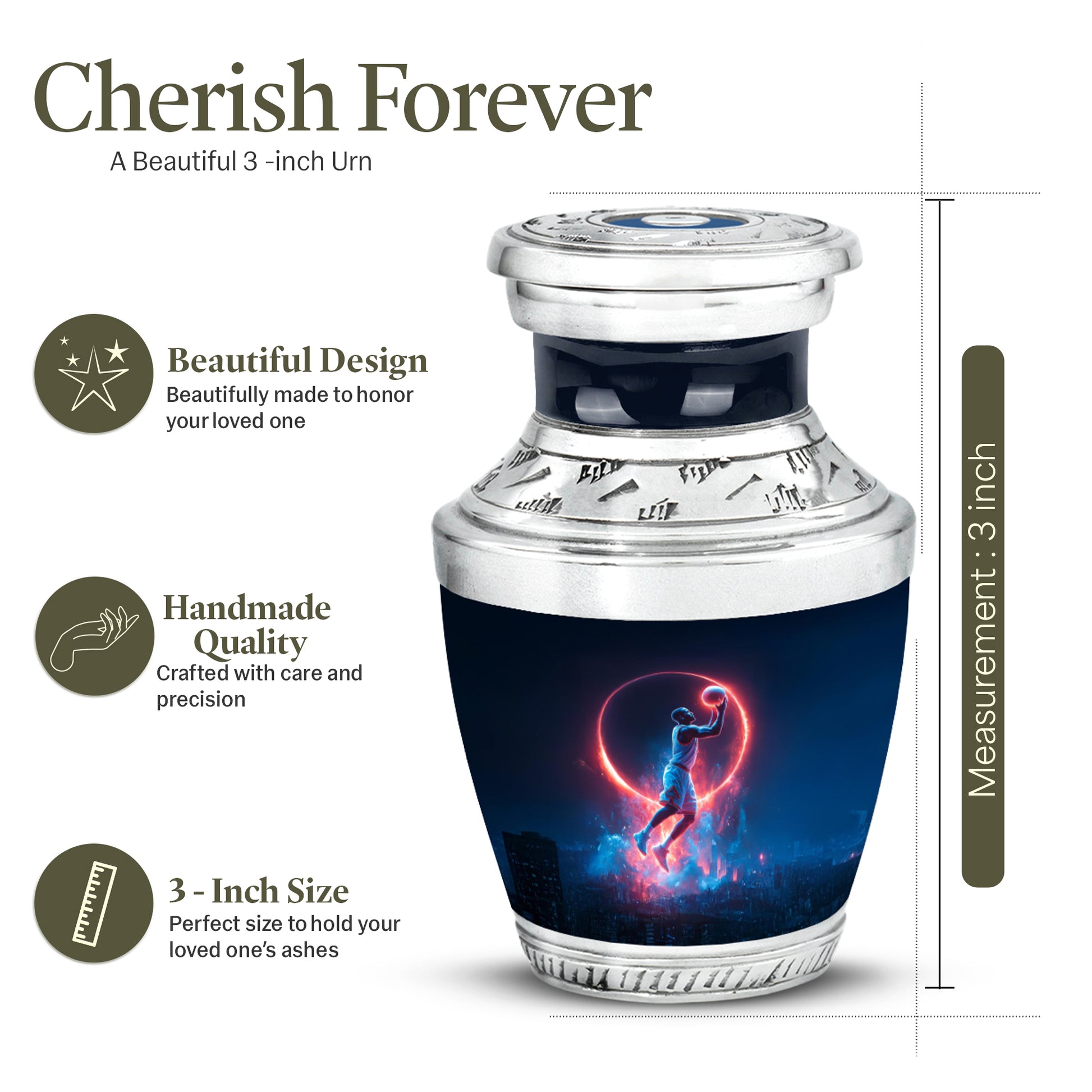 Dusty Blue Basketball Cremation Urn top-down view of secure threaded lid - modern art-inspired basketball motif on sleek aluminum - mini keepsake memorial for portion of cremation ashes