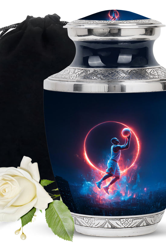 Calming Blue Basketball Cremation Urn side profile showing urn shape - artistic basketball interpretation with creative detail - full-size 10 inch 200 cubic inch adult cremation urn