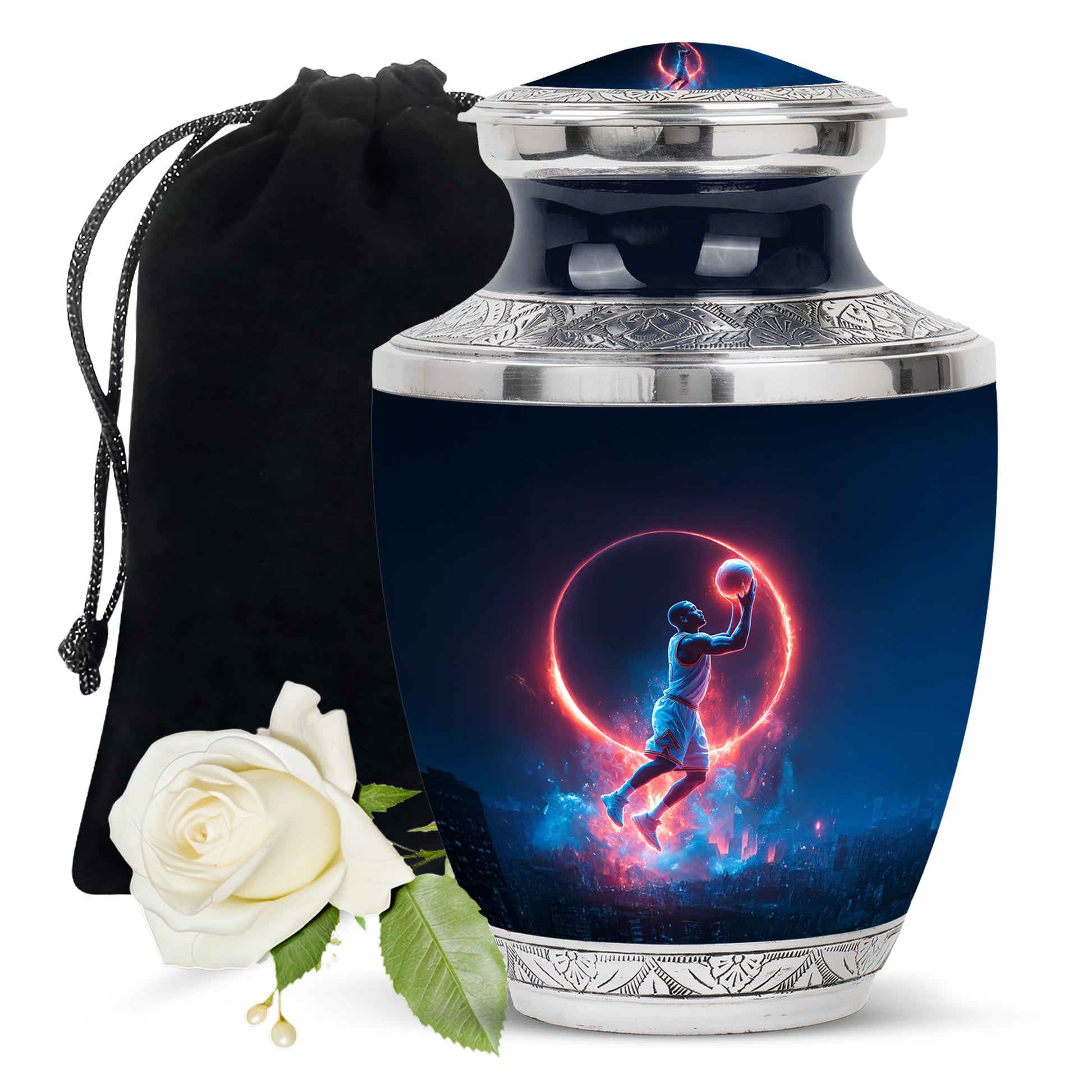 Calming Blue Basketball Cremation Urn side profile showing urn shape - artistic basketball interpretation with creative detail - full-size 10 inch 200 cubic inch adult cremation urn