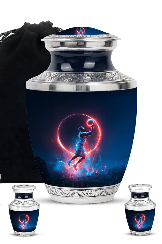 Royal Blue Basketball Cremation Urn lifestyle display on memorial shelf - stylized abstract basketball pattern with bold lines - memorial set with one large and four small urns