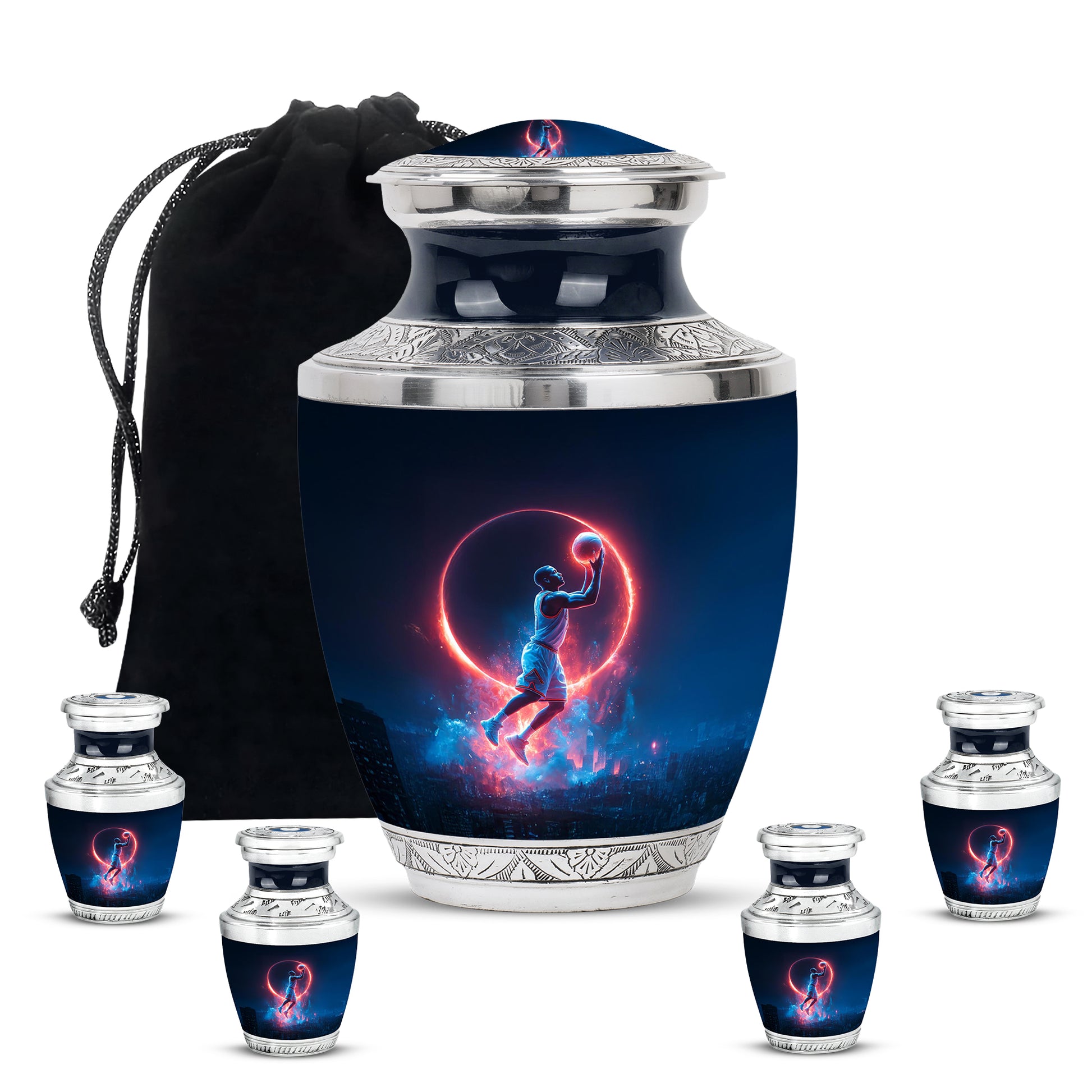 Royal Blue Basketball Cremation Urn lifestyle display on memorial shelf - stylized abstract basketball pattern with bold lines - memorial set with one large and four small urns