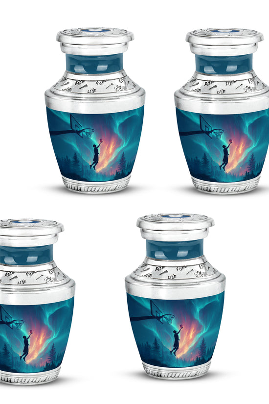 Azure Basketball Cremation Urn back view with polished surface - contemporary basketball design with modern artistic flair - 10 inch aluminum urn for cremated remains