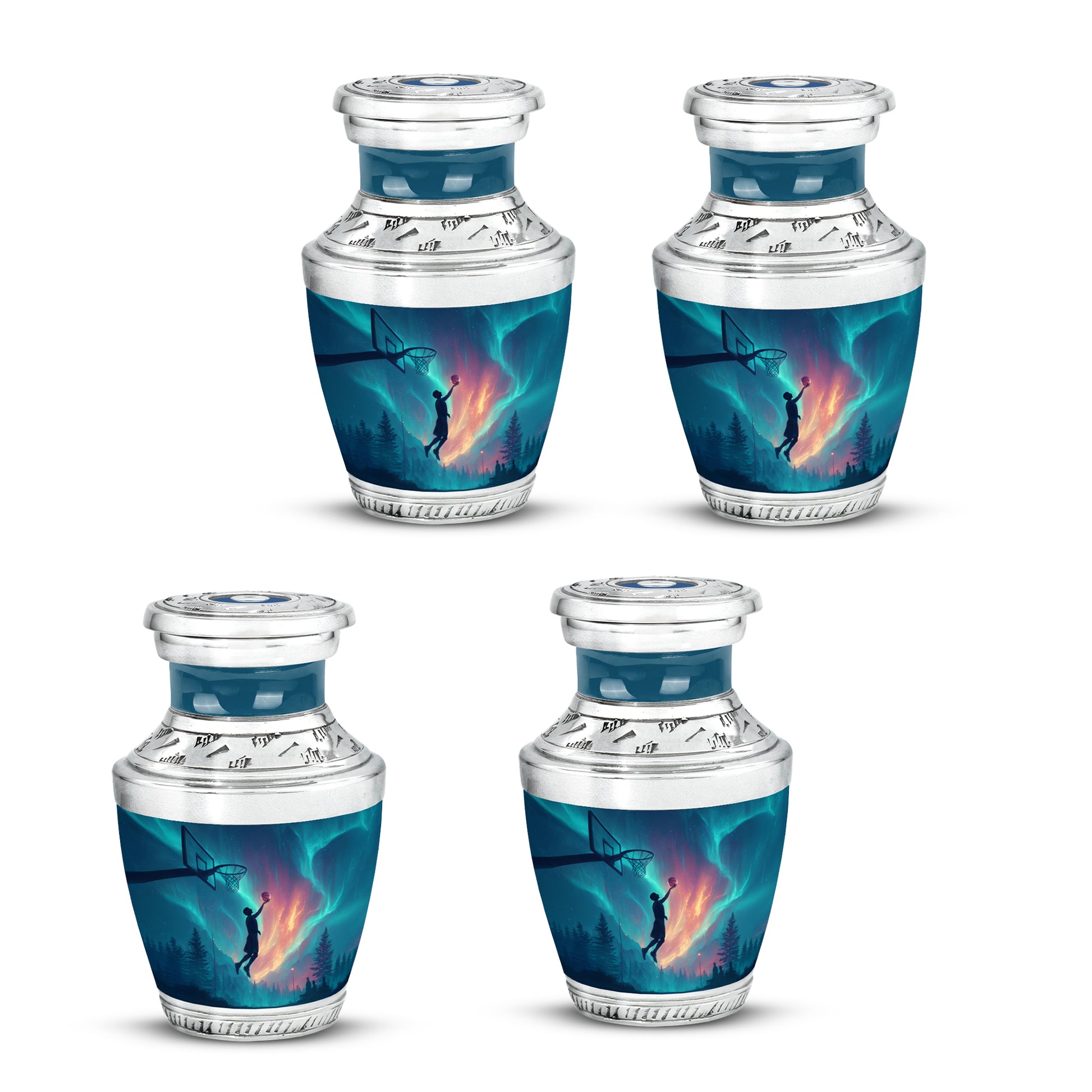 Azure Basketball Cremation Urn back view with polished surface - contemporary basketball design with modern artistic flair - 10 inch aluminum urn for cremated remains