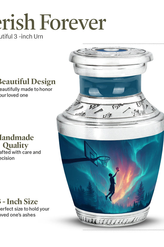 Misty Blue Basketball Cremation Urn top-down view of secure threaded lid - contemporary basketball design with modern artistic flair - mini keepsake memorial for portion of cremation ashes