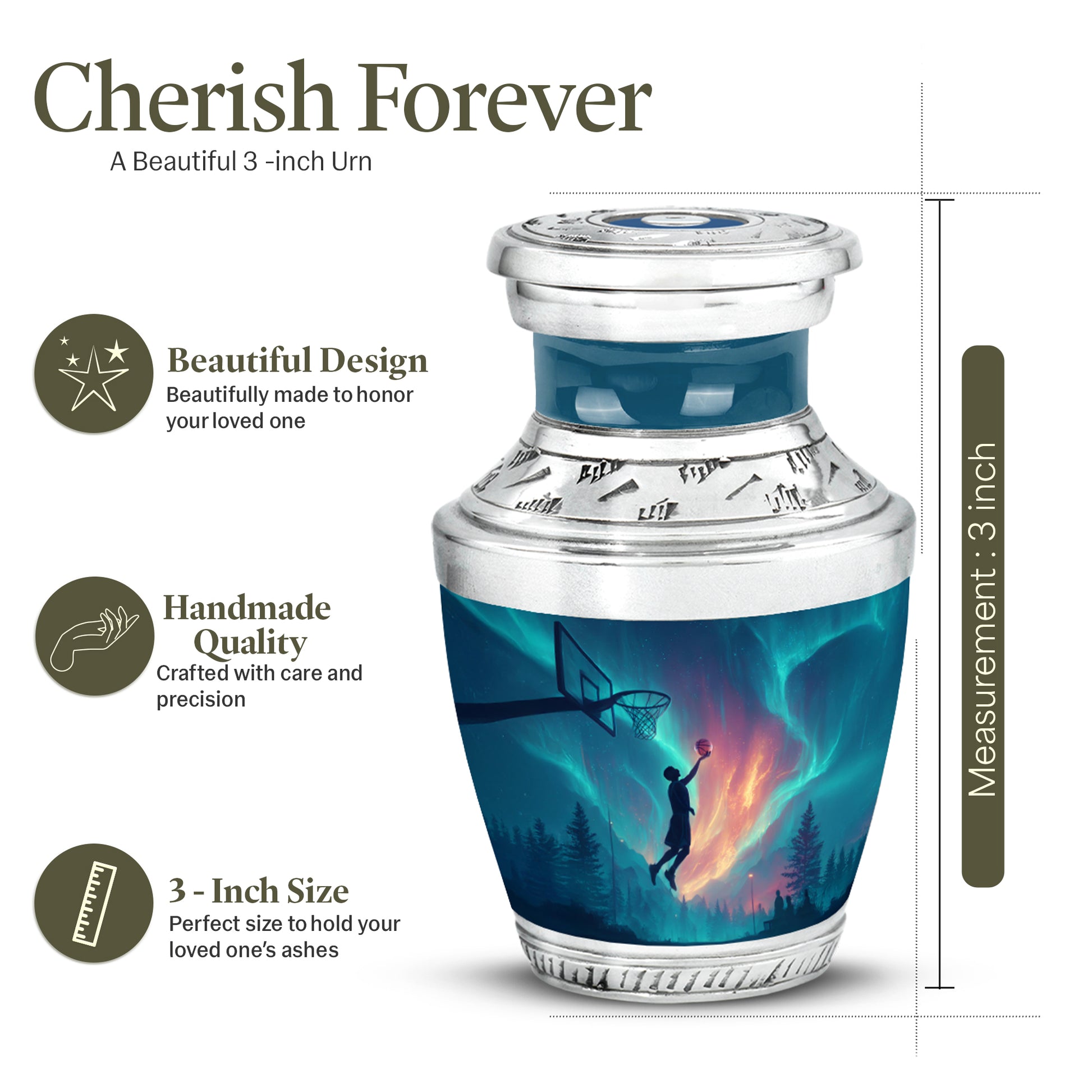 Misty Blue Basketball Cremation Urn top-down view of secure threaded lid - contemporary basketball design with modern artistic flair - mini keepsake memorial for portion of cremation ashes
