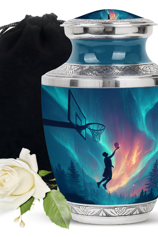 Celestial Blue Basketball Cremation Urn side profile showing urn shape - contemporary basketball design with modern artistic flair - full-size 10 inch 200 cubic inch adult cremation urn