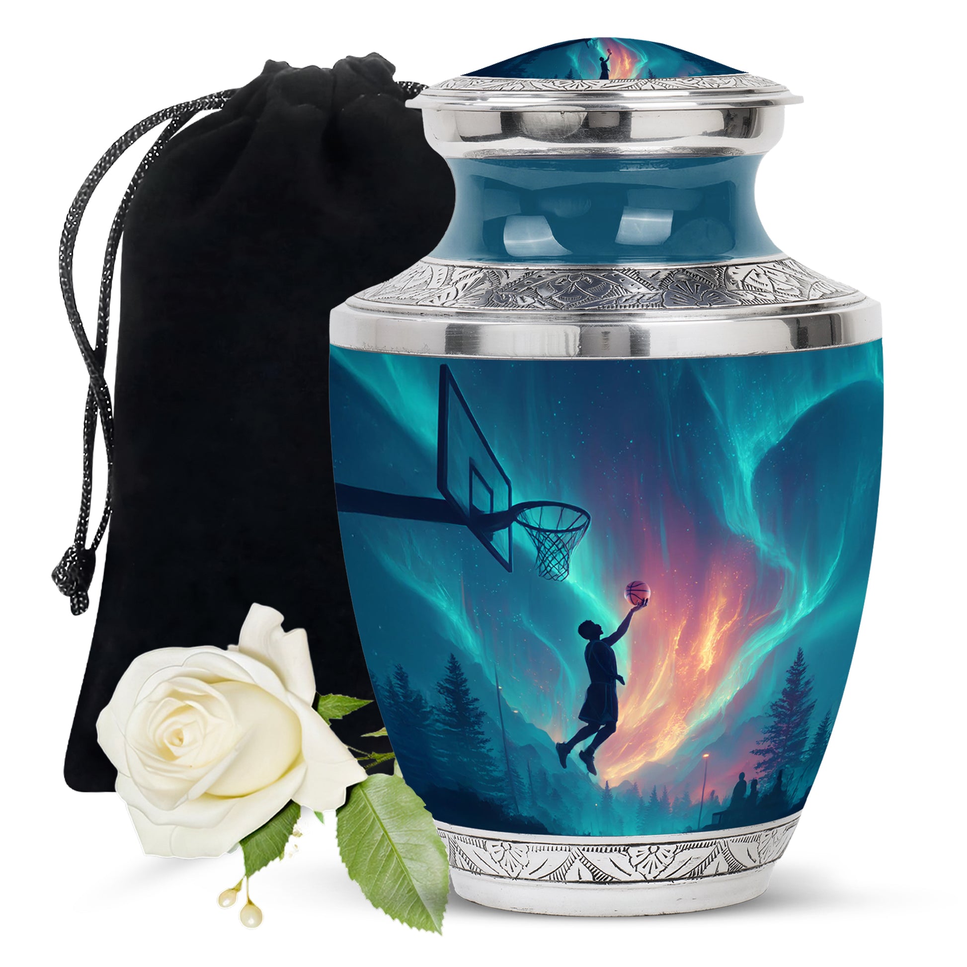Celestial Blue Basketball Cremation Urn side profile showing urn shape - contemporary basketball design with modern artistic flair - full-size 10 inch 200 cubic inch adult cremation urn