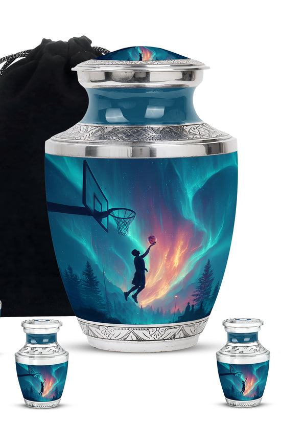 Calming Blue Basketball Cremation Urn lifestyle display on memorial shelf - artistic basketball interpretation with creative detail - memorial set with one large and four small urns