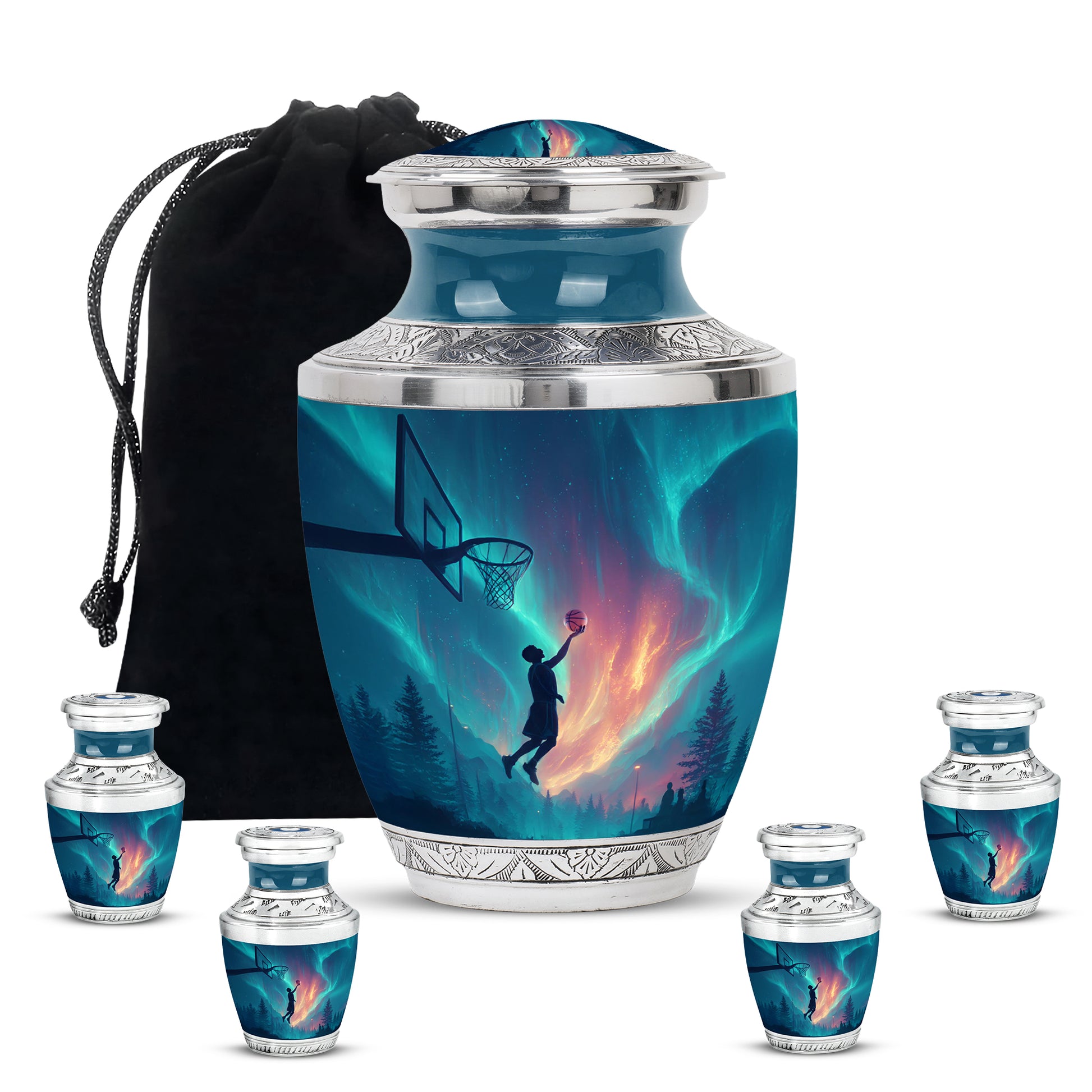 Calming Blue Basketball Cremation Urn lifestyle display on memorial shelf - artistic basketball interpretation with creative detail - memorial set with one large and four small urns