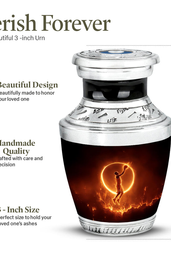 Obsidian Black Basketball Cremation Urn top-down view of secure threaded lid - artistic basketball interpretation with creative detail - mini keepsake memorial for portion of cremation ashes