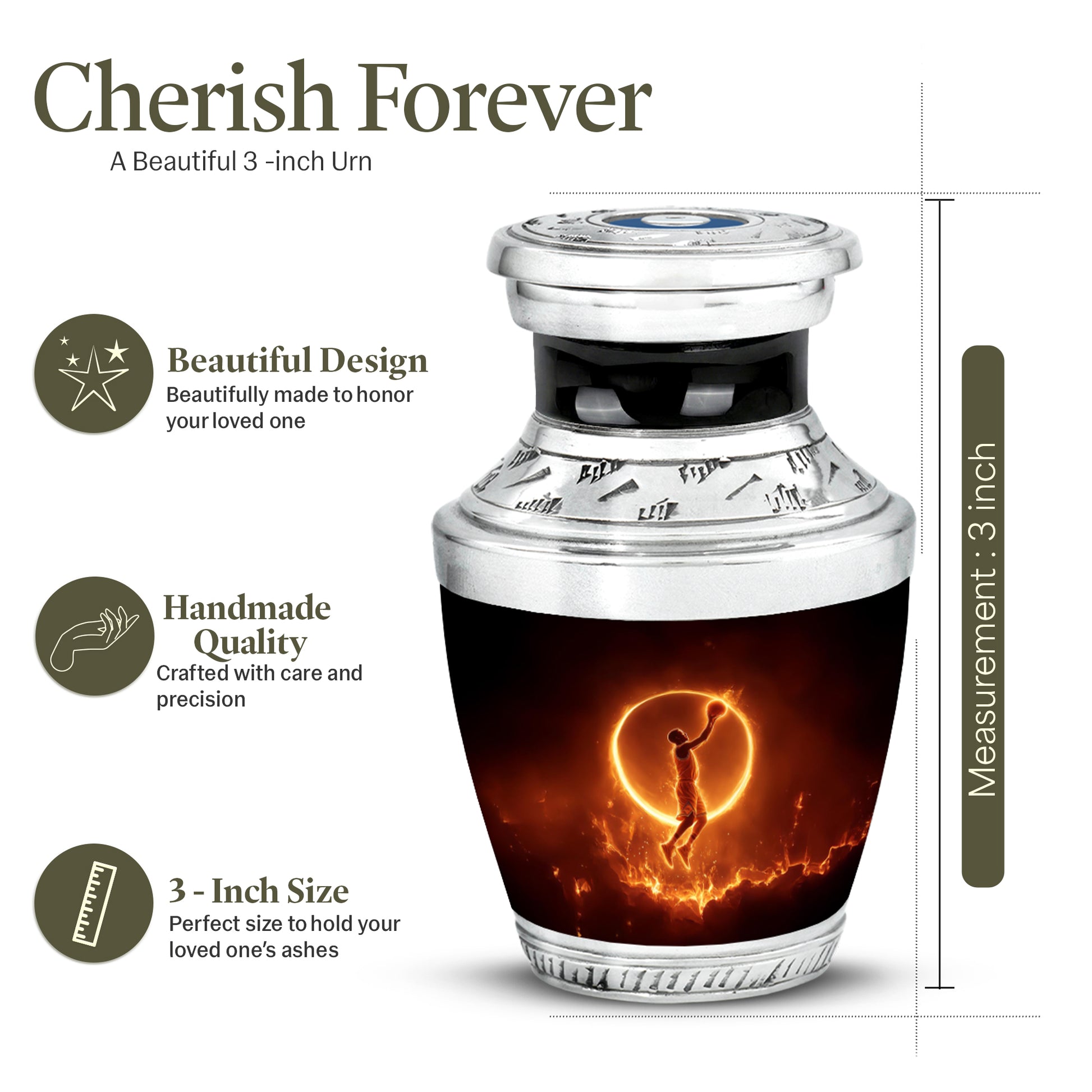 Obsidian Black Basketball Cremation Urn top-down view of secure threaded lid - artistic basketball interpretation with creative detail - mini keepsake memorial for portion of cremation ashes