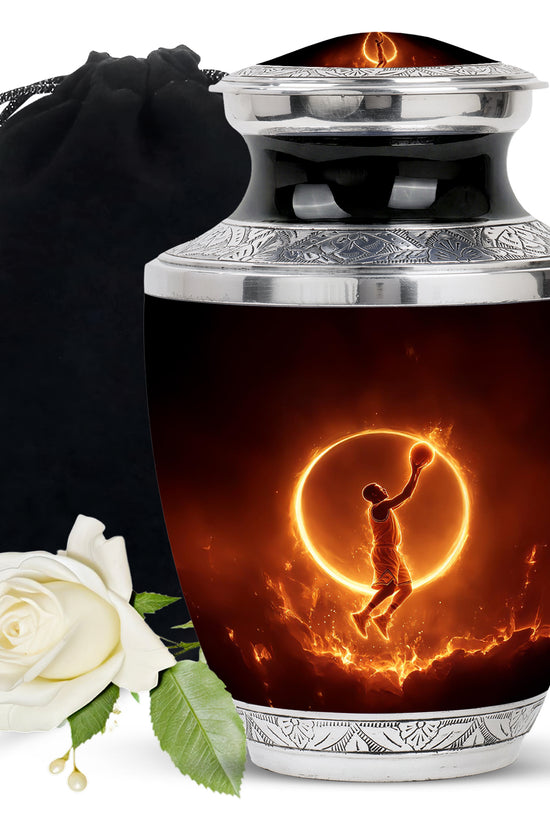 Onyx Black Basketball Cremation Urn side profile showing urn shape - stylized abstract basketball pattern with bold lines - full-size 10 inch 200 cubic inch adult cremation urn