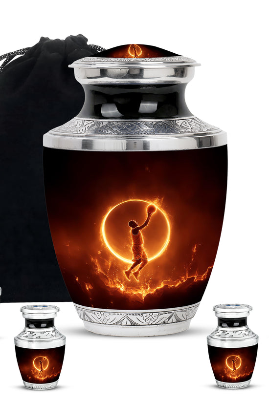 Obsidian Black Basketball Cremation Urn lifestyle display on memorial shelf - stylized abstract basketball pattern with bold lines - memorial set with one large and four small urns