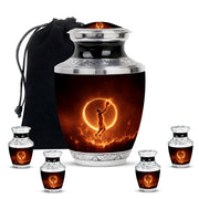 Obsidian Black Basketball Cremation Urn lifestyle display on memorial shelf - stylized abstract basketball pattern with bold lines - memorial set with one large and four small urns