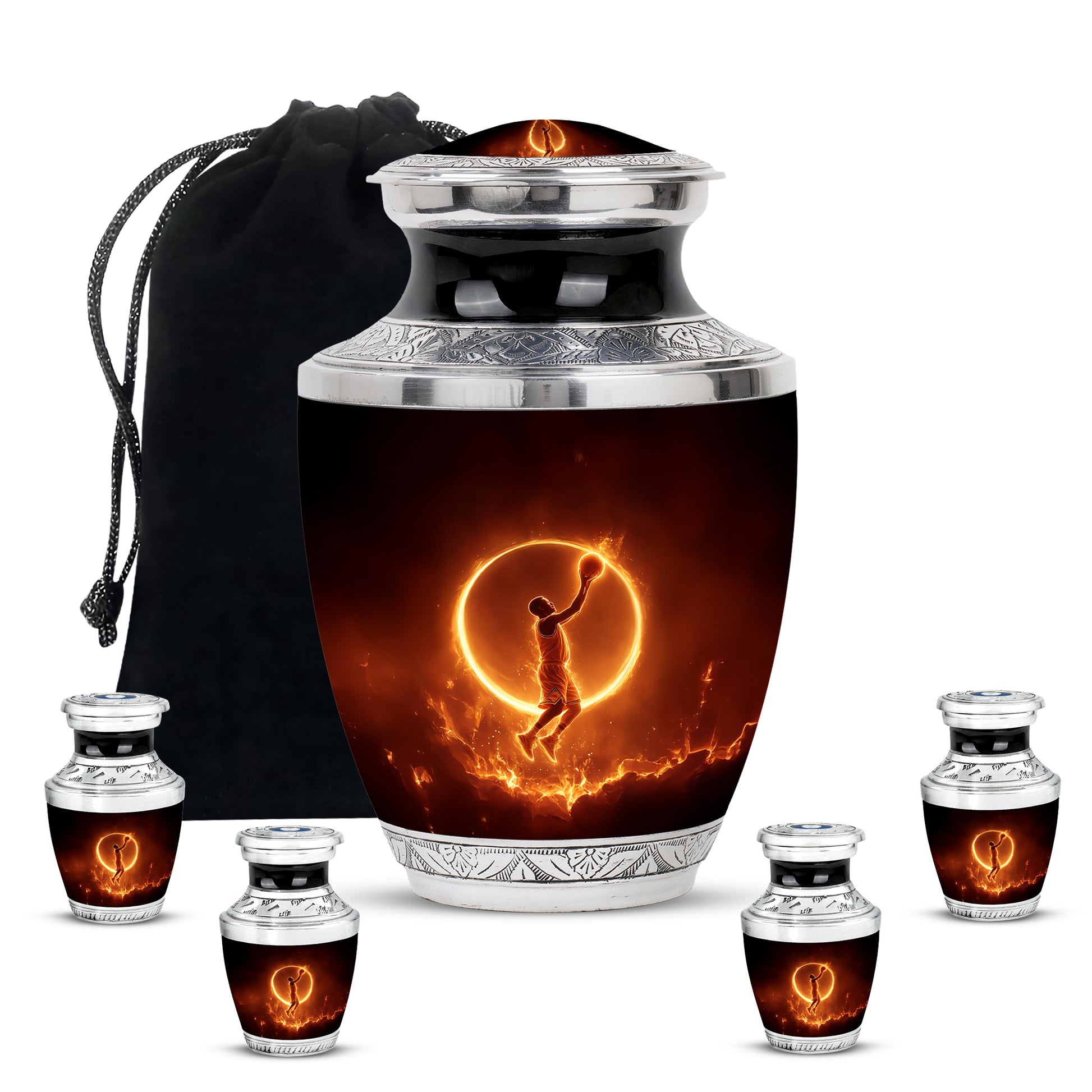 Obsidian Black Basketball Cremation Urn lifestyle display on memorial shelf - stylized abstract basketball pattern with bold lines - memorial set with one large and four small urns