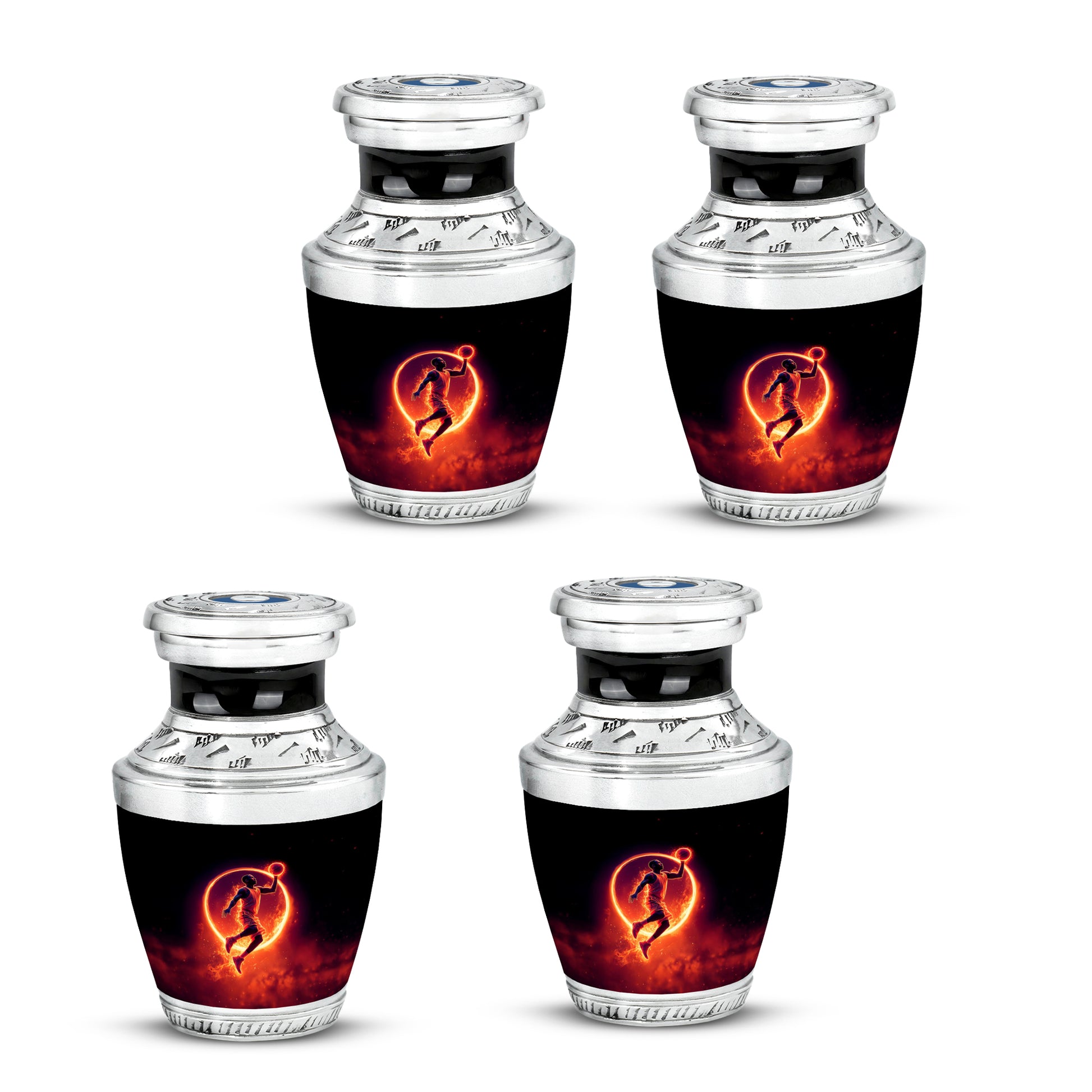 Glossy Black Basketball Cremation Urn back view with polished surface - modern art-inspired basketball motif on sleek aluminum - 10 inch aluminum urn for cremated remains